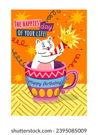 Birthday card design. Funny poster with cute cat in cup, firework and confetti for congratulation. Event celebration and party invitation. Cartoon flat vector illustration isolated on white background