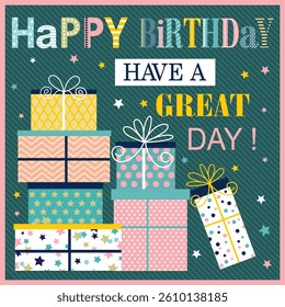 Birthday card design with gifts and lettering