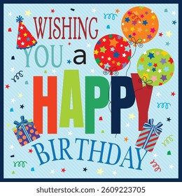 Birthday card design with lettering, balloons, gifts and party hat