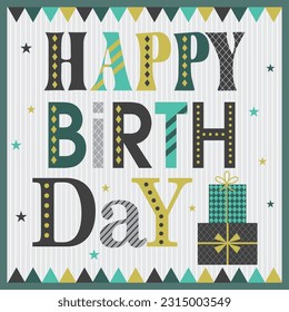 Birthday card design with lettering and gifts