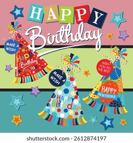 Birthday card design with party hat. lettering and stars
