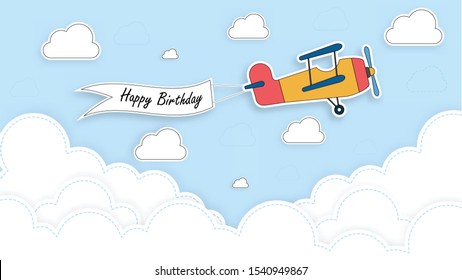 birthday card design with plane. Paper art 