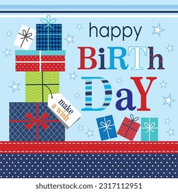 Birthday card design with presents and colorful text