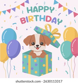 Projeto de cartão de aniversário com cachorrinho brincalhão cutucando fora de uma caixa presente brilhante embalado, balões e tipografia. Ilustração vetorial