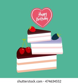 Birthday Card design Sweet cake decorated with fresh berry, pink cream and chocolate icing, piece of cake, heart, pastel colors on green background. Vector