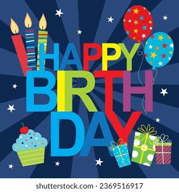 Birthday card design with text, candles, balloons and gifts