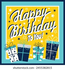 Birthday card design with text, gifts and stars