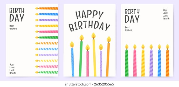 Birthday card designs with colorful candles and joyful messages in flat vector style