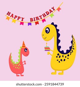 Birthday card with dinosaur character on pink background.