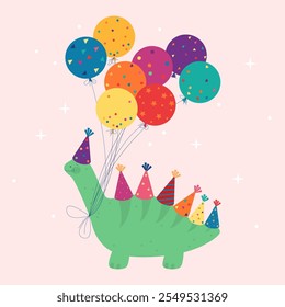 Birthday card with Dinosaur, colorful balloons vector illustration. Holiday design for Birthday party