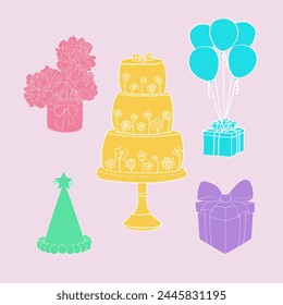 A birthday card displaying a colorful cake with lit candles and festive balloons in the background. The cake is decorated with icing and sprinkles