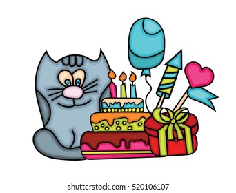 Birthday card doodle illustration with a cartoon happy smiling cat, cake, balloon and a present. Hand drawn vetor in color.