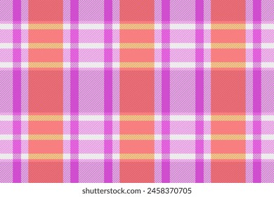 Birthday card fabric vector pattern, fiber texture seamless background. Realistic check tartan textile plaid in magenta and white color.