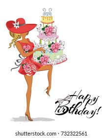 Birthday card with a fashion girl in a hat and a  big cake. Hand drawn musical vector illustration for t shirts, covers,  wallpaper, greeting cards, wall-art, invitations.