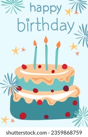 Birthday card with festive cake, confetti around. Illustration for a postcard or invitation. Concept of celebration, happiness, joy. Vector illustration.