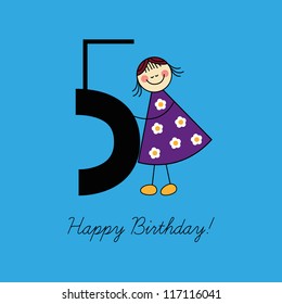 Birthday card, fifth birthday, number five, girl