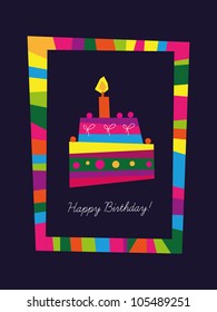 Birthday card, first birthday, cake with candle, colorful frame