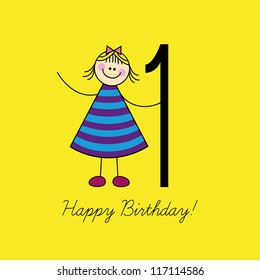 Birthday card, first birthday, girl, number one