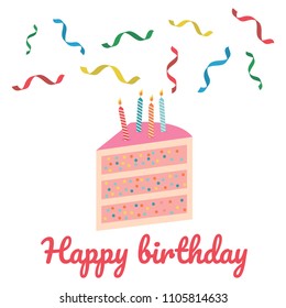 Birthday card flat vector illustration. Happy Birthday greeting card. Cake with candles, concept for a holiday and invitation card.