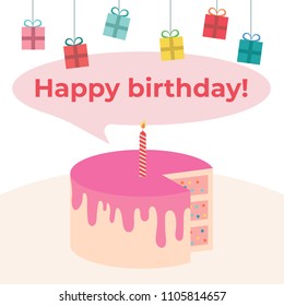 Birthday card flat vector illustration. Happy Birthday greeting card. Cake with candles, concept for a holiday and invitation card.