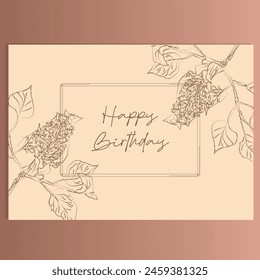 Birthday card with floral print. Birthday card with floral stamp. Minimalist greeting. Imitation stamp-elastic. Plant motifs. Abstract floral doodle lilac pattern. 