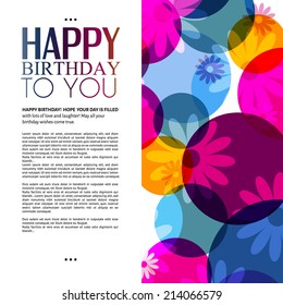 Birthday card with flowers on colorful background.