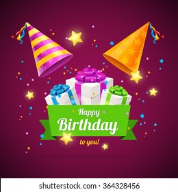 Birthday Card, Flyer or Placard with Gift Boxes. Vector illustration