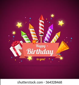 Birthday Card, Flyer or Placard with Rockets. Vector illustration