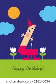 Birthday card, four years old, number four, ideal for fourth birthday