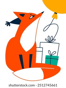 Birthday card with a fox. The fox sits with a gift and looks up at a balloon. Cartoon vector illustration for congratulations