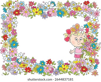 Birthday card, frame border and holiday background with a cute little girl holding a beautiful bouquet among colorful summer flowers, vector cartoon illustration on white