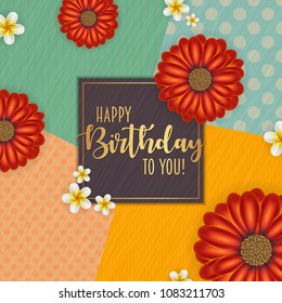 Birthday card with frame decorated with flowers and vintage retro background