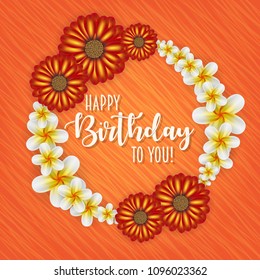Birthday card with frame decorated with flowers and vintage retro background