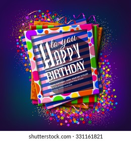 Birthday card. Frames with colorful textures and wishing text on multicolored background and confetti.