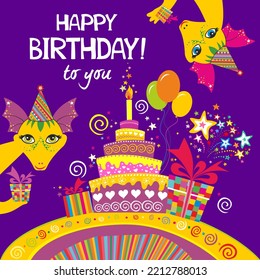 Birthday card. Friends. Happy birthday to you. Celebration background with gift boxes, Dragons, coloful Balloons, Big Birthday cake with candle and place for your text. Vector illustration