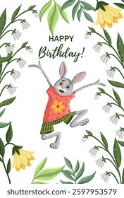 Birthday card with a fun bunny surrounded by leaves and flowers. Vector illustration