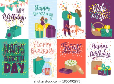 Tarjeta de cumpleaños, evento divertido, ilustración vectorial. Invitación de fiesta, diseño de postal, elementos vintage, confeti. Cartel con adorno decorativo.