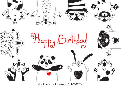 Birthday Card with Funny Animals Pig Bear Fox Sheep Cat Pug Panda Rabbit. Vector illustration.