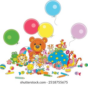 Birthday card with funny baby toys, colorful balloons, holiday gifts and sweets, vector cartoon illustration isolated on a white background