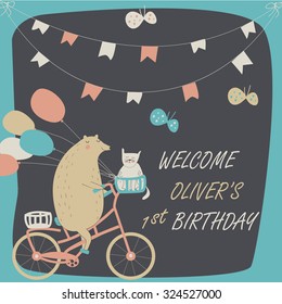 Birthday card with funny bear riding a bicycle with a cat and balloons. Cartoon watercolor style. 