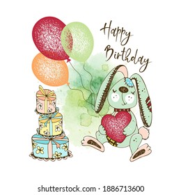 Birthday card with a funny bunny with balloons and gifts. vector.