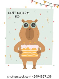 Birthday card with funny capybara with cake