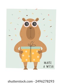 Birthday card with funny capybara and gift box