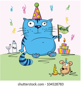 Birthday card, funny cartoon cat and mouse