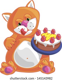 Birthday card, funny cartoon cat with a cake