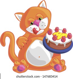 Birthday card, funny cartoon cat with a cake 