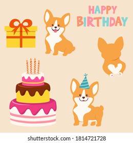 Birthday card with funny corgi, gift box and a cake. Vector holiday illustration.