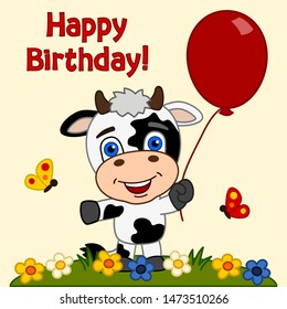 Birthday card - funny cow with red balloon