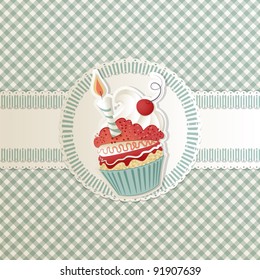 Birthday card with funny cupcake on ribbon