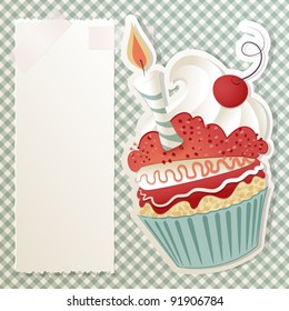 Birthday card with funny cupcake and paper note